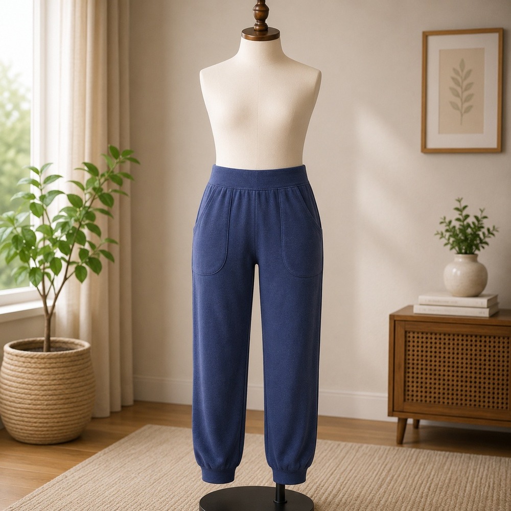 Denim & Co Active Velour Jogger Pants Large Blue Tapered Leg Elastic Waist